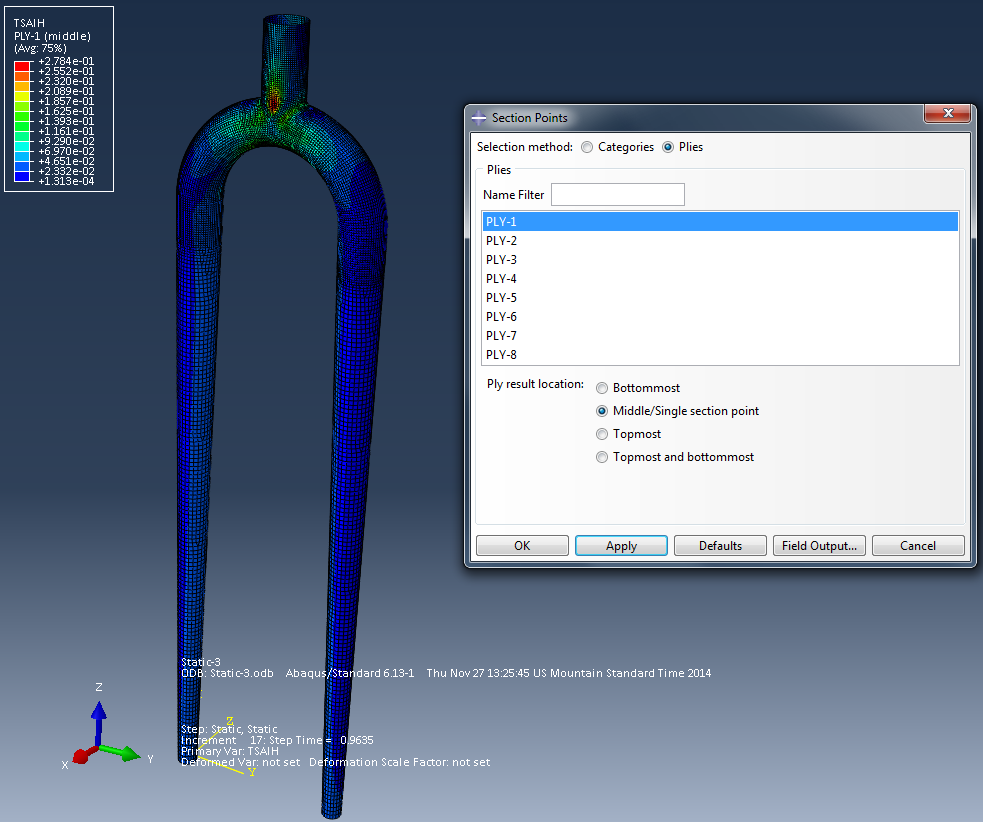 Abaqus simulation output for Ply1 (0 degree) of 0,45,-45,90 stacking sequence on fork.