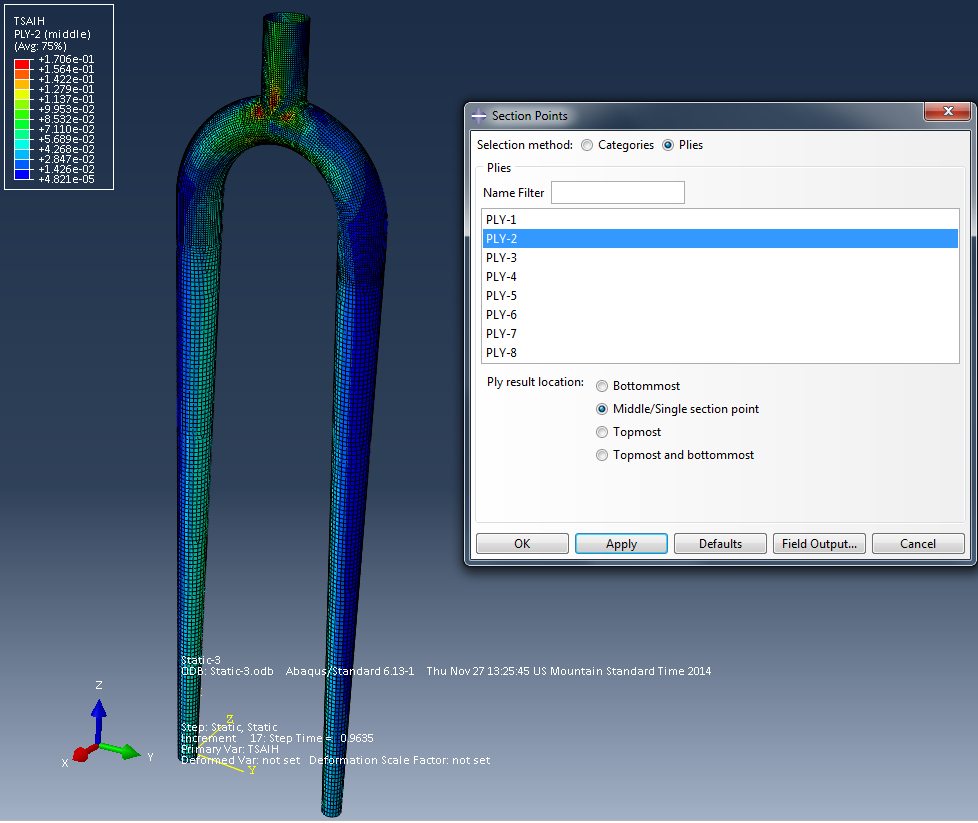 Abaqus simulation output for Ply2 (45 degree) of 0,45,-45,90 stacking sequence on fork