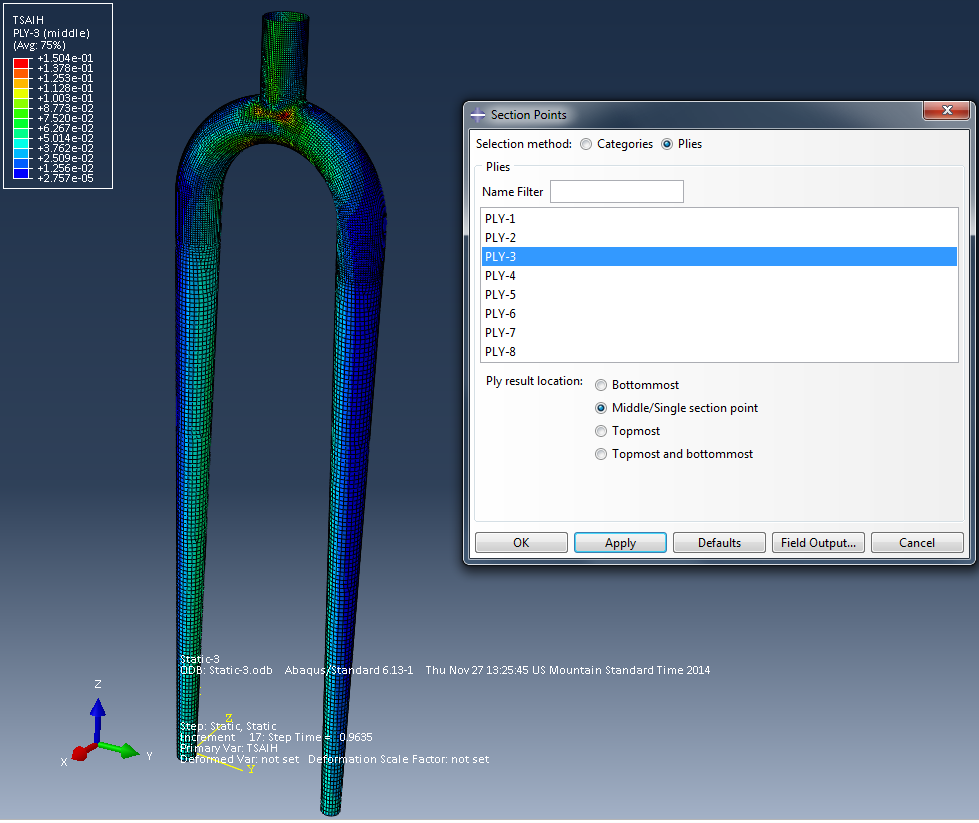 Abaqus simulation output for Ply3 (-45 degree) of 0,45,-45,90 stacking sequence on fork