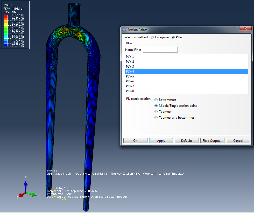 Abaqus simulation output for Ply4 (90 degree) of 0,45,-45,90 stacking sequence on fork