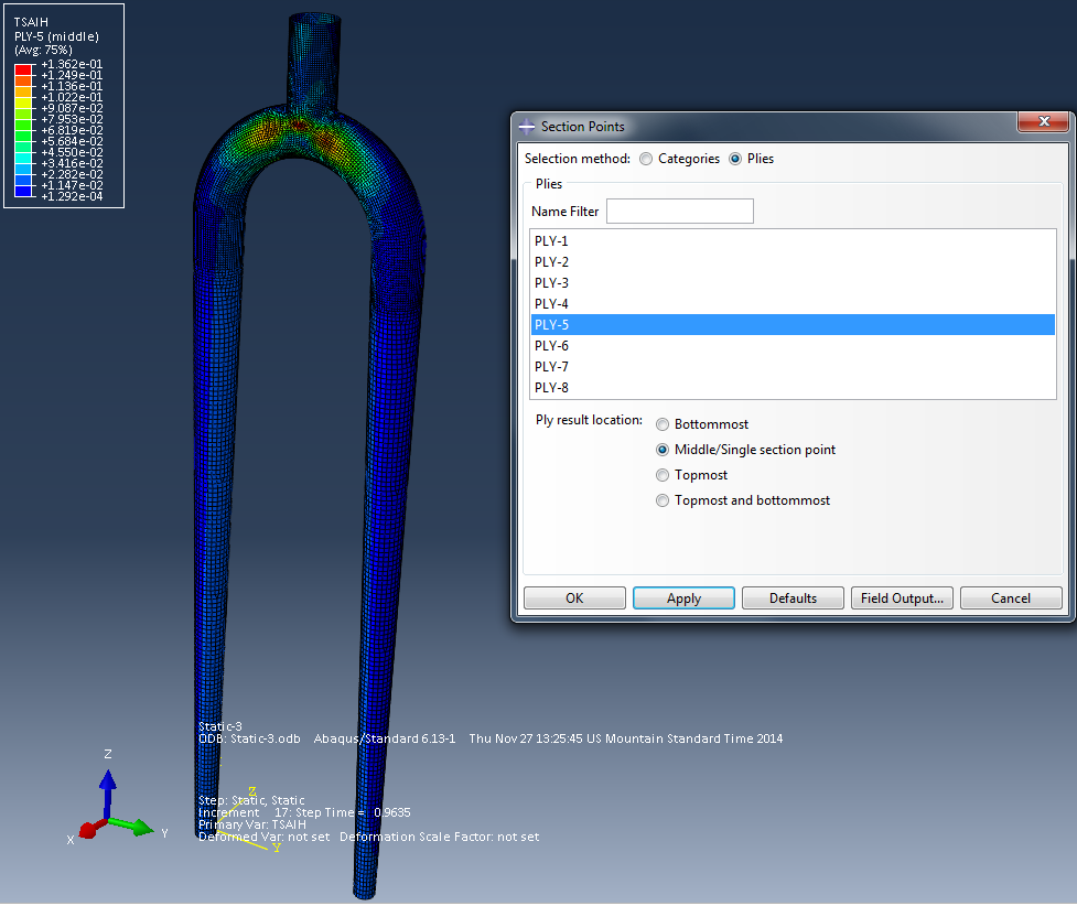 Abaqus simulation output for Ply5 (0 degree) of 0,45,-45,90 stacking sequence on fork