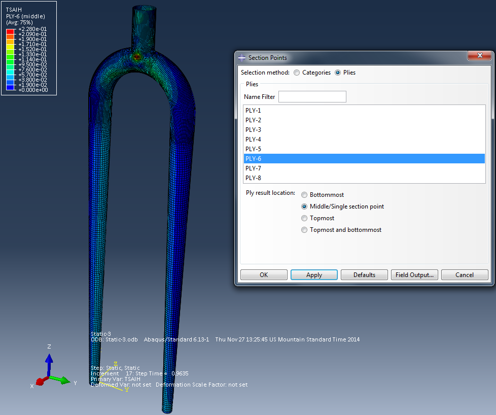 Abaqus simulation output for Ply6 (45 degree) of 0,45,-45,90 stacking sequence on fork