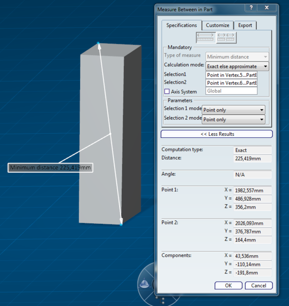 Measurements of the short axis, the long axis and the maximal length of a plagioclase crystal using measurement tools under CATIA
