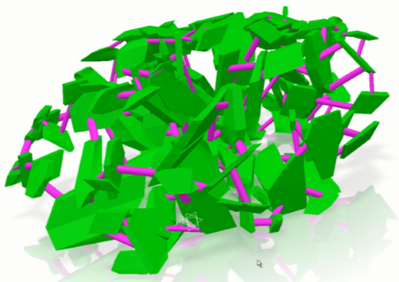 Links (in purple) between crystals (in green) are designed under CATIA in order to print our model in 3D.