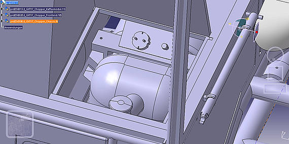 View of supply hatch with connections for air pressure, electric current and freshwater. On the right side is to recognize a holding rod for the side tables.